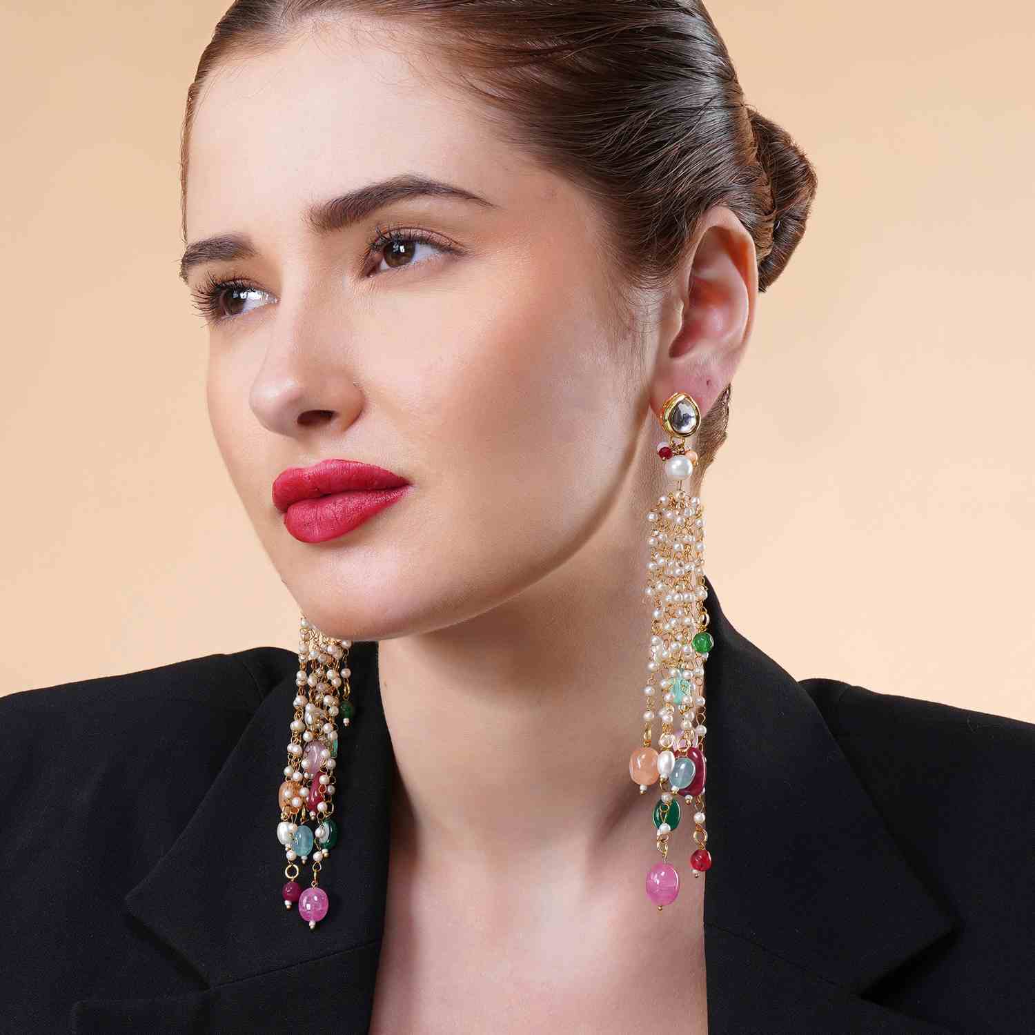Nafisa Multicolor Beaded Pearl Long Earrings