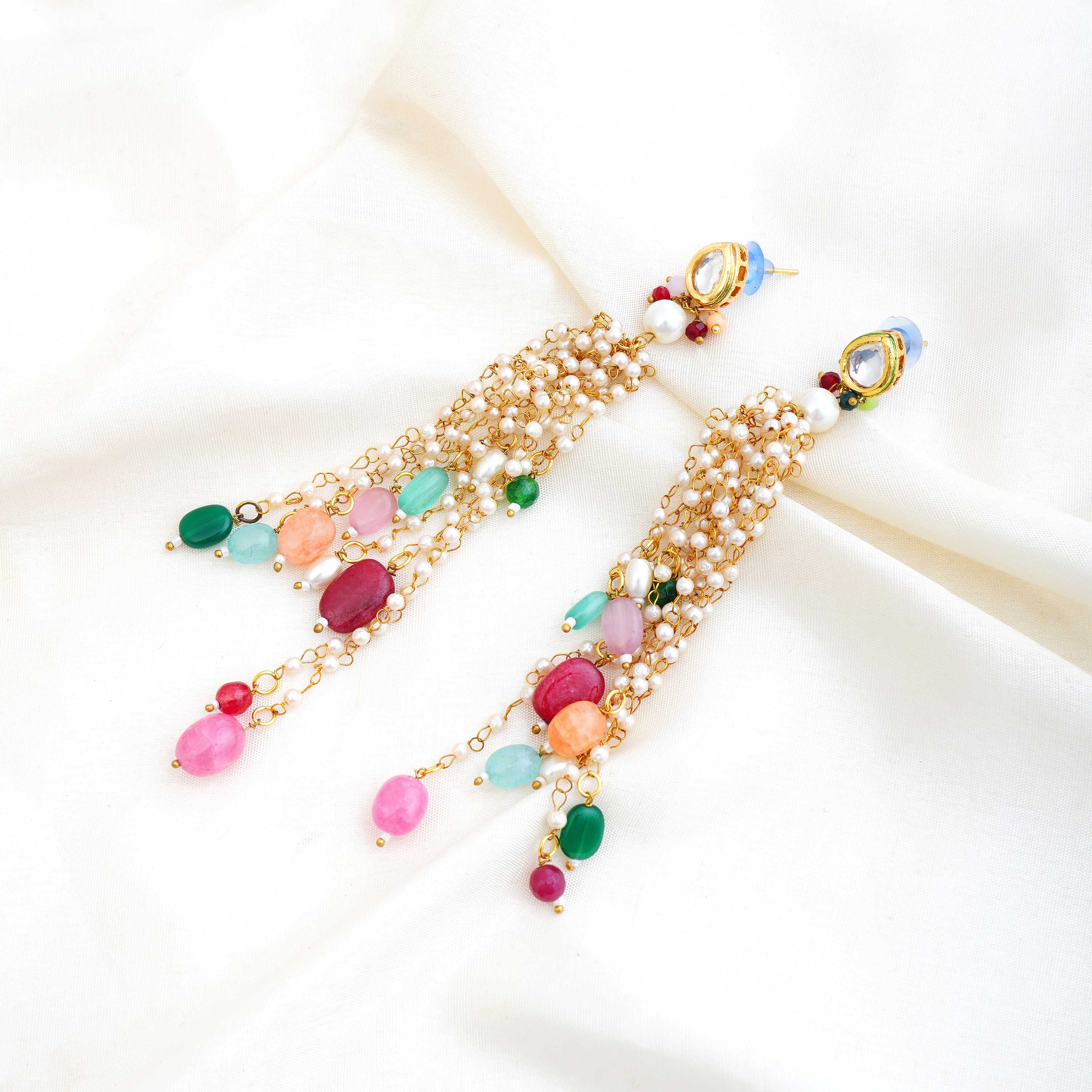 Nafisa Multicolor Beaded Pearl Long Earrings