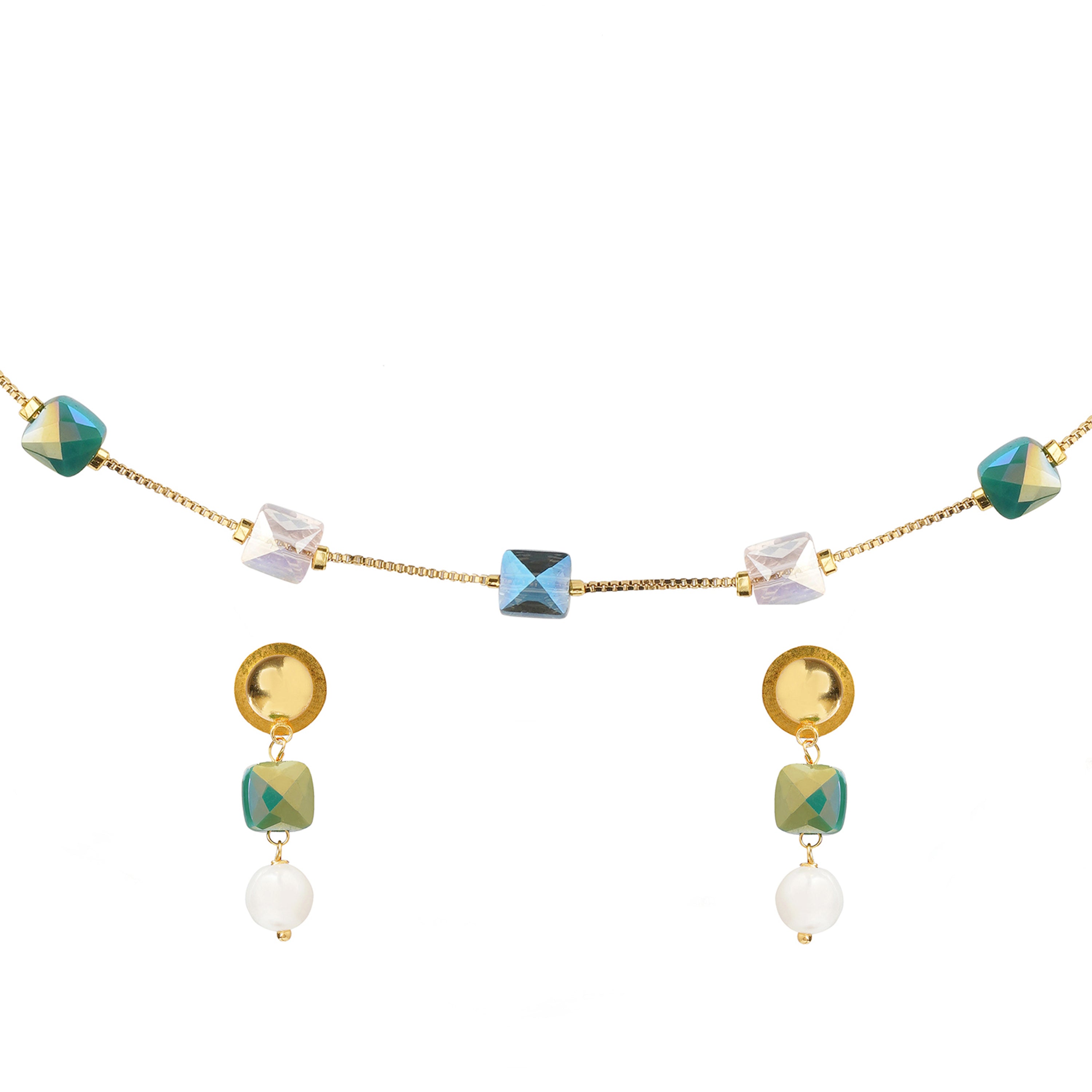 Multicolor Crystal Cube Necklace Set with Earrings