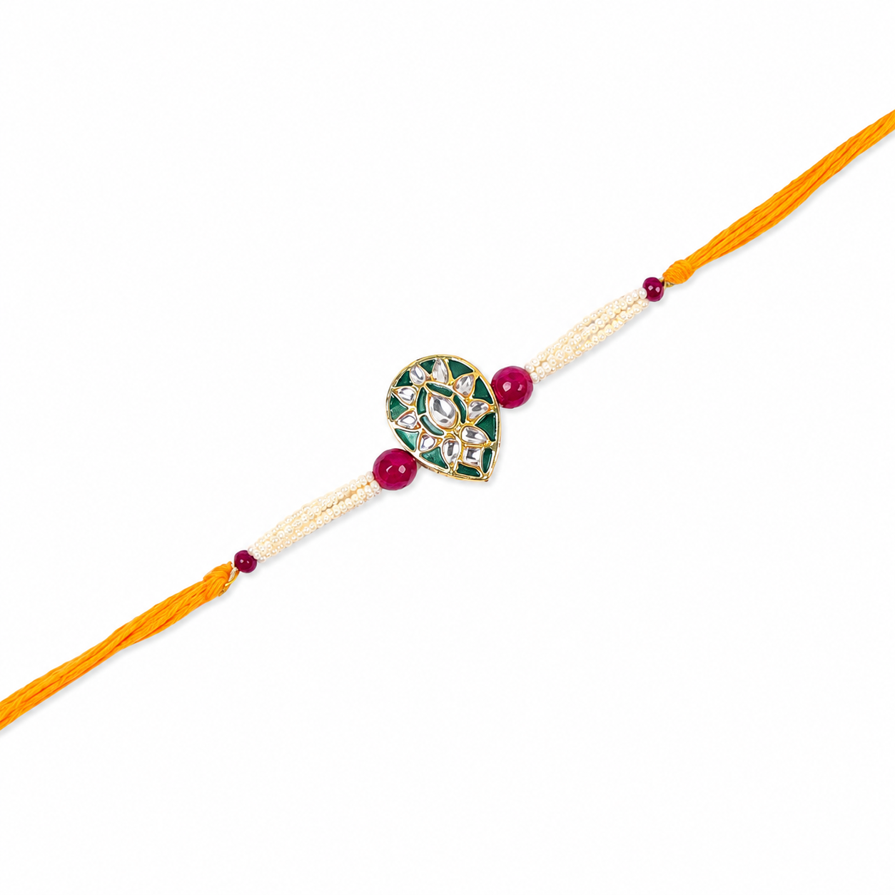 Teardrop Kundan Rakhi with Pearl & Ruby Strands