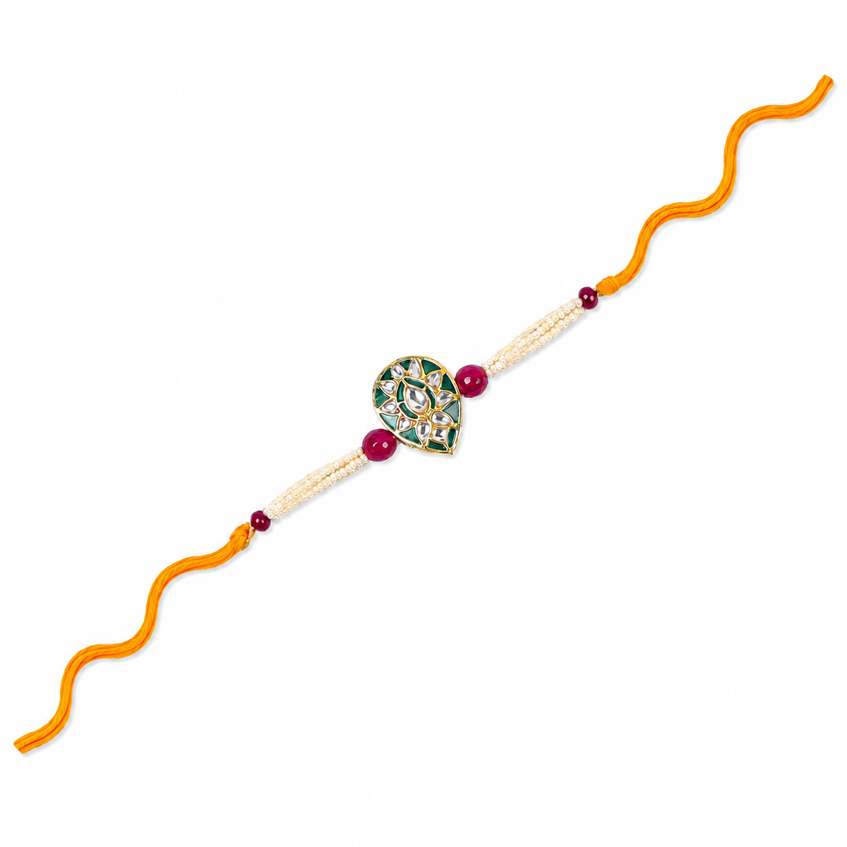 Teardrop Kundan Rakhi with Pearl & Ruby Strands
