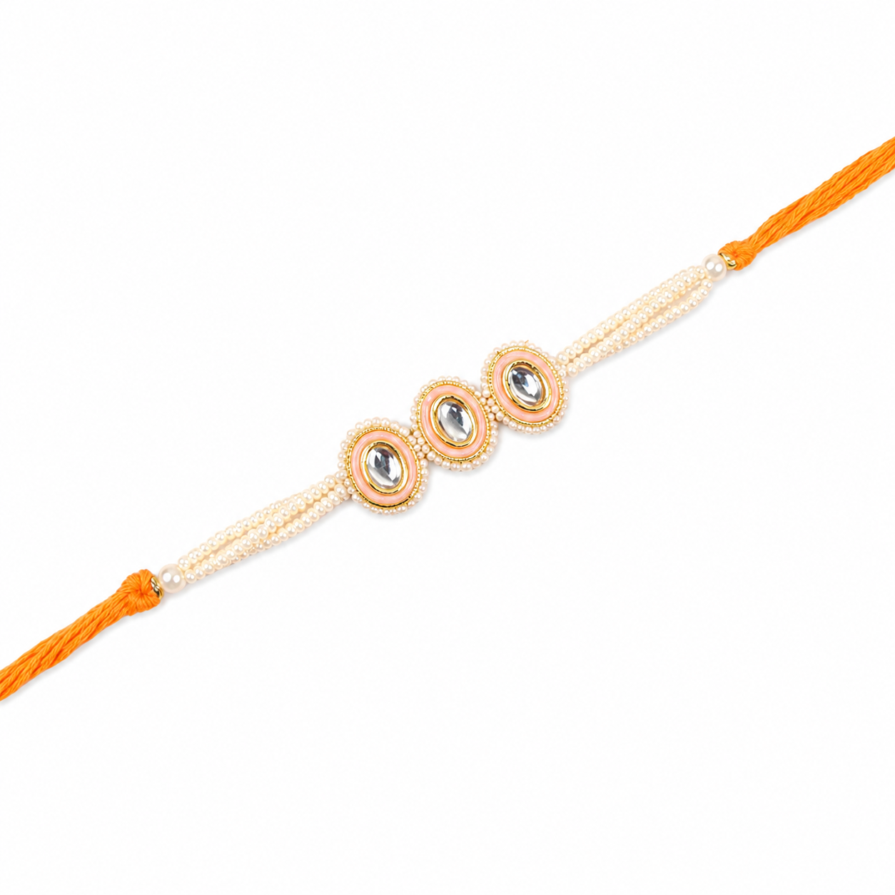 Triple Oval Kundan Rakhi with Pearl Strands