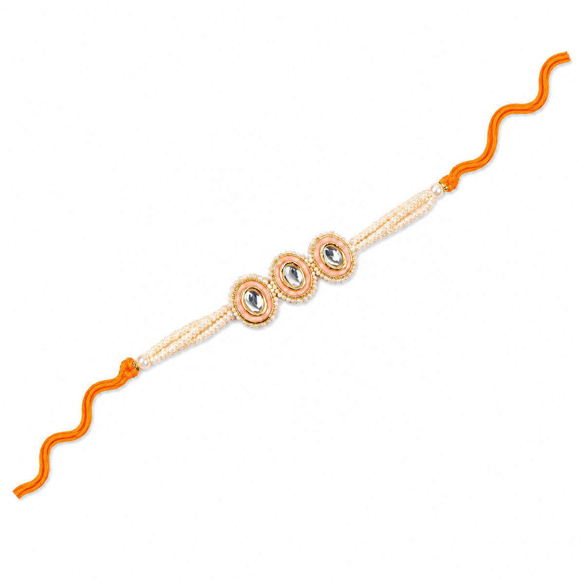 Triple Oval Kundan Rakhi with Pearl Strands