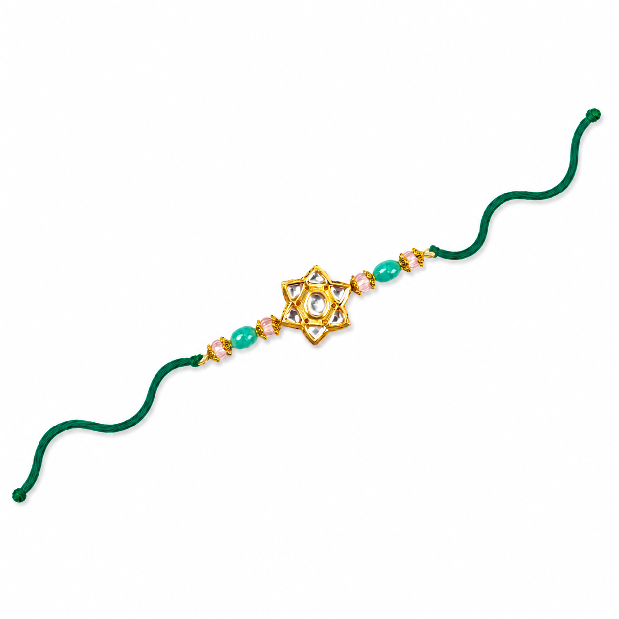 Star Kundan Rakhi with Green & Pink Beaded Accents