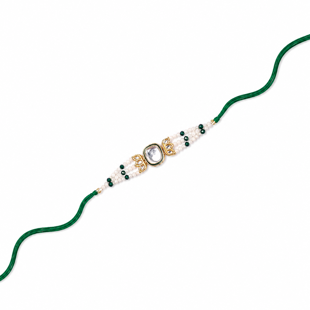 Kundan Leaf Rakhi with Pearl & Emerald Strands