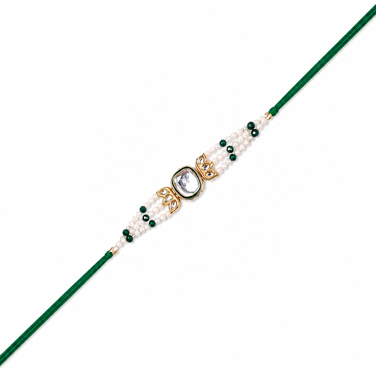 Kundan Leaf Rakhi with Pearl & Emerald Strands