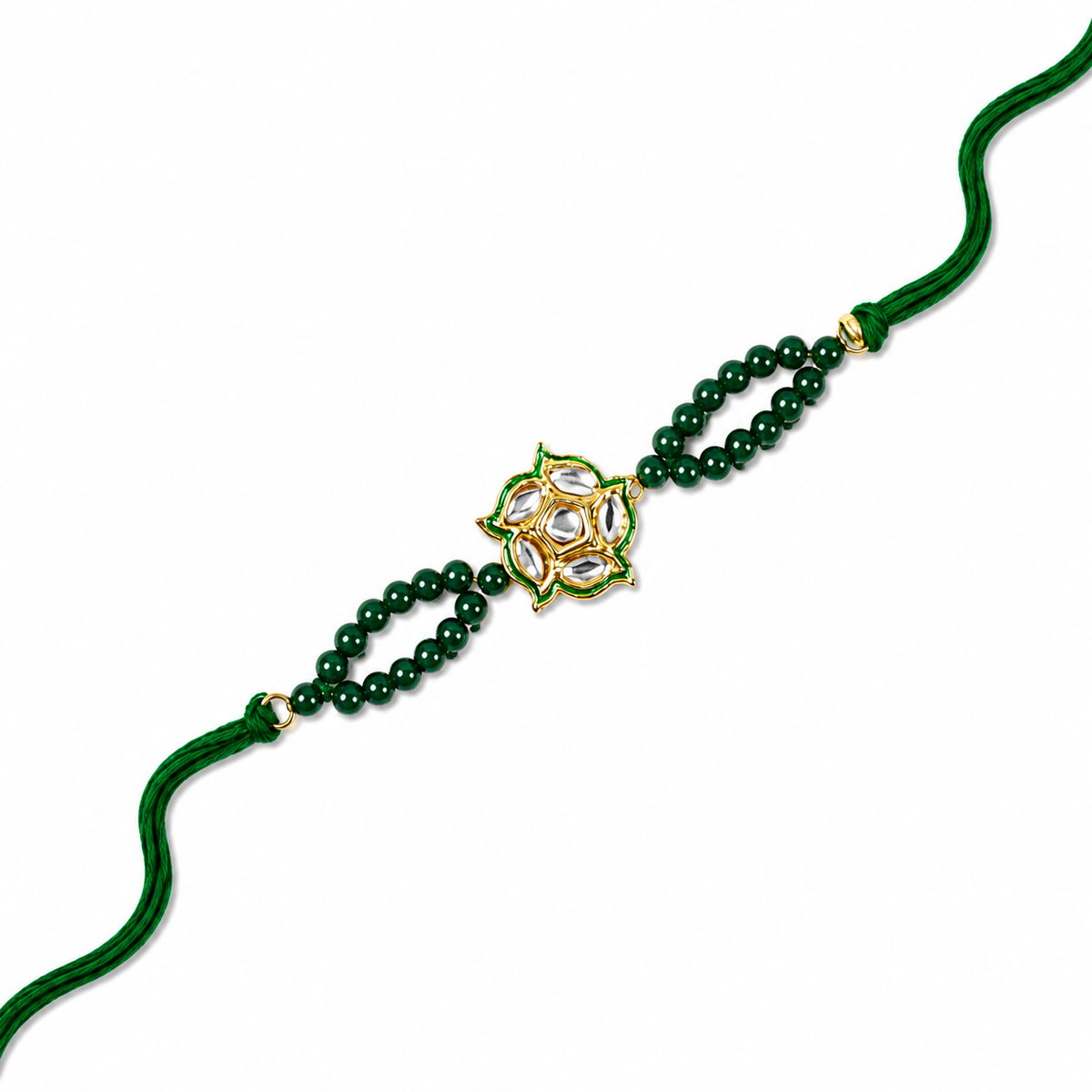 Lotus Kundan Rakhi with Green Beaded Strands