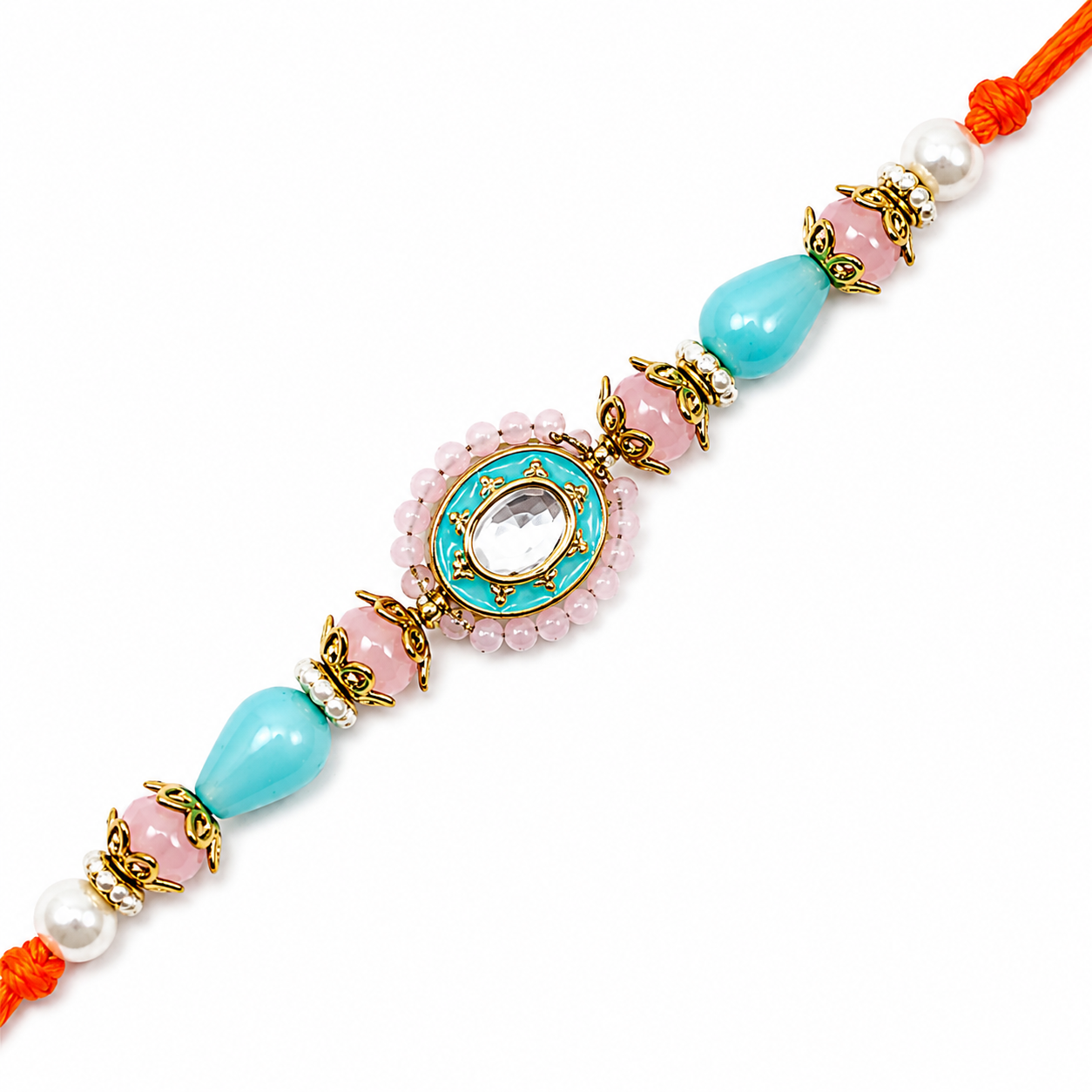 Turquoise & Pink Kundan Rakhi with Teardrop Beads