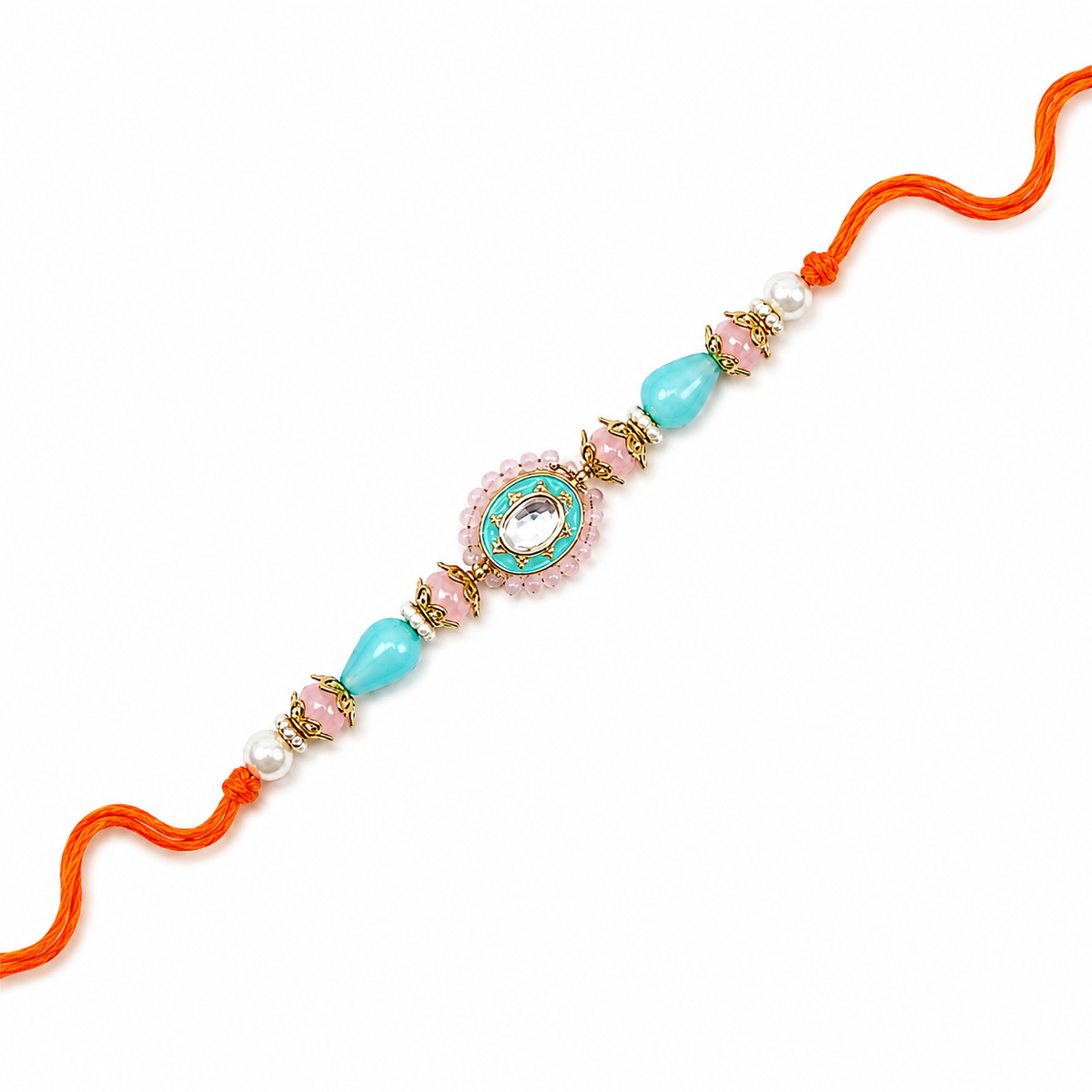 Turquoise & Pink Kundan Rakhi with Teardrop Beads