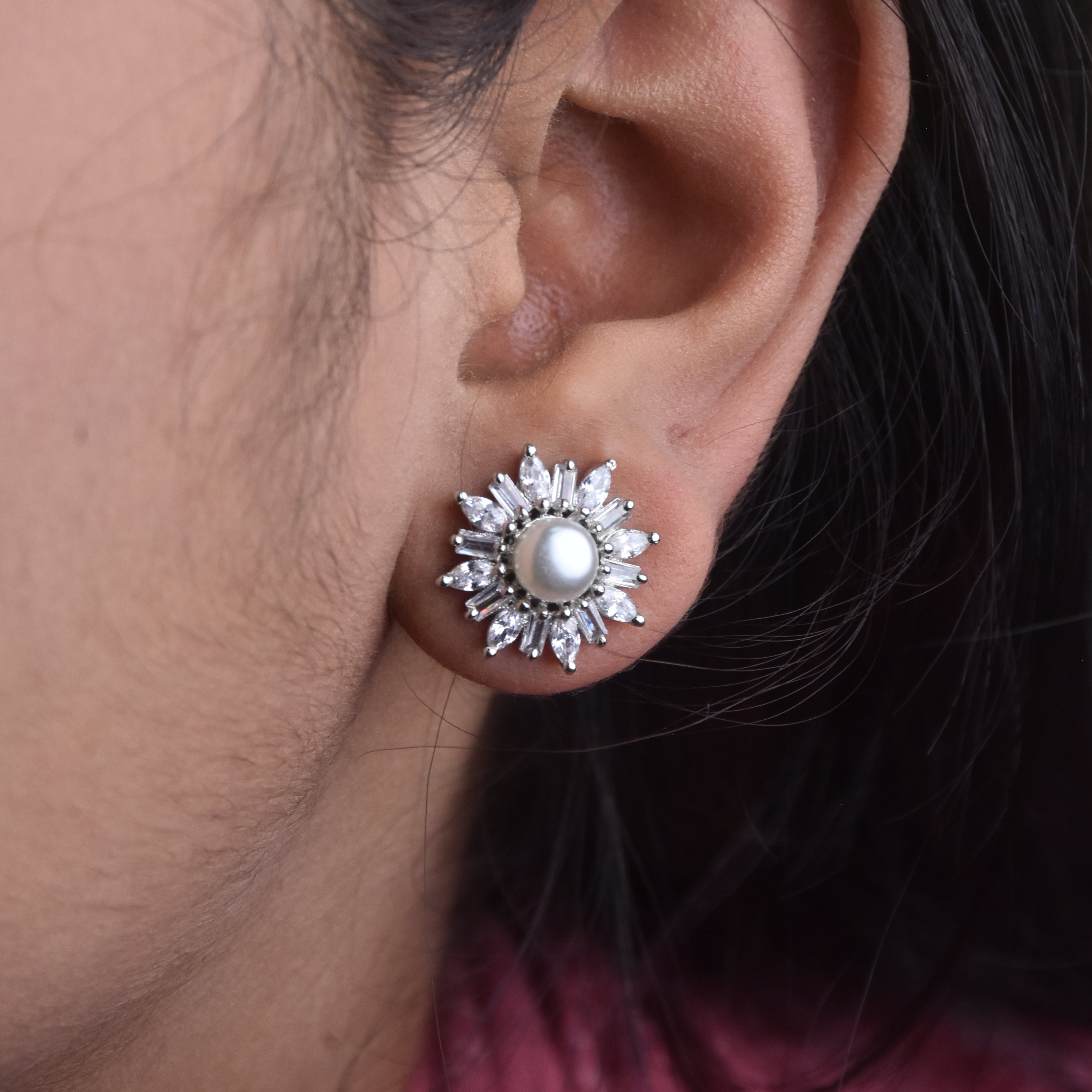 Elora CZ Diamond Cut Pearl Stud Earrings