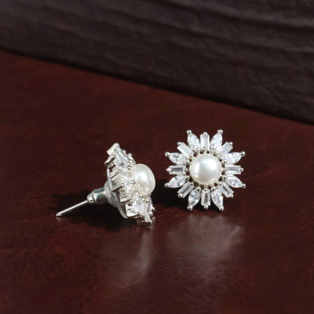 Elora CZ Diamond Cut Pearl Stud Earrings