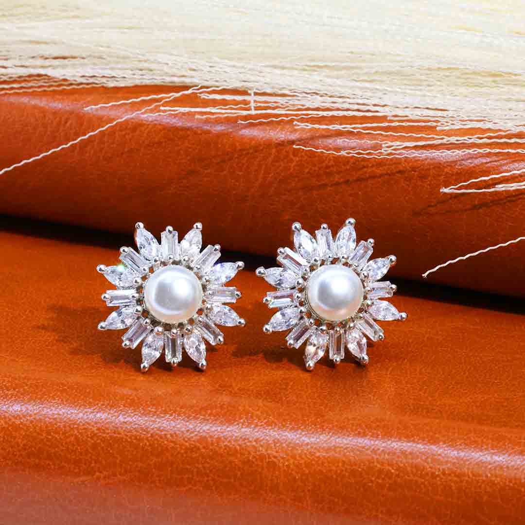 Elora CZ Diamond Cut Pearl Stud Earrings