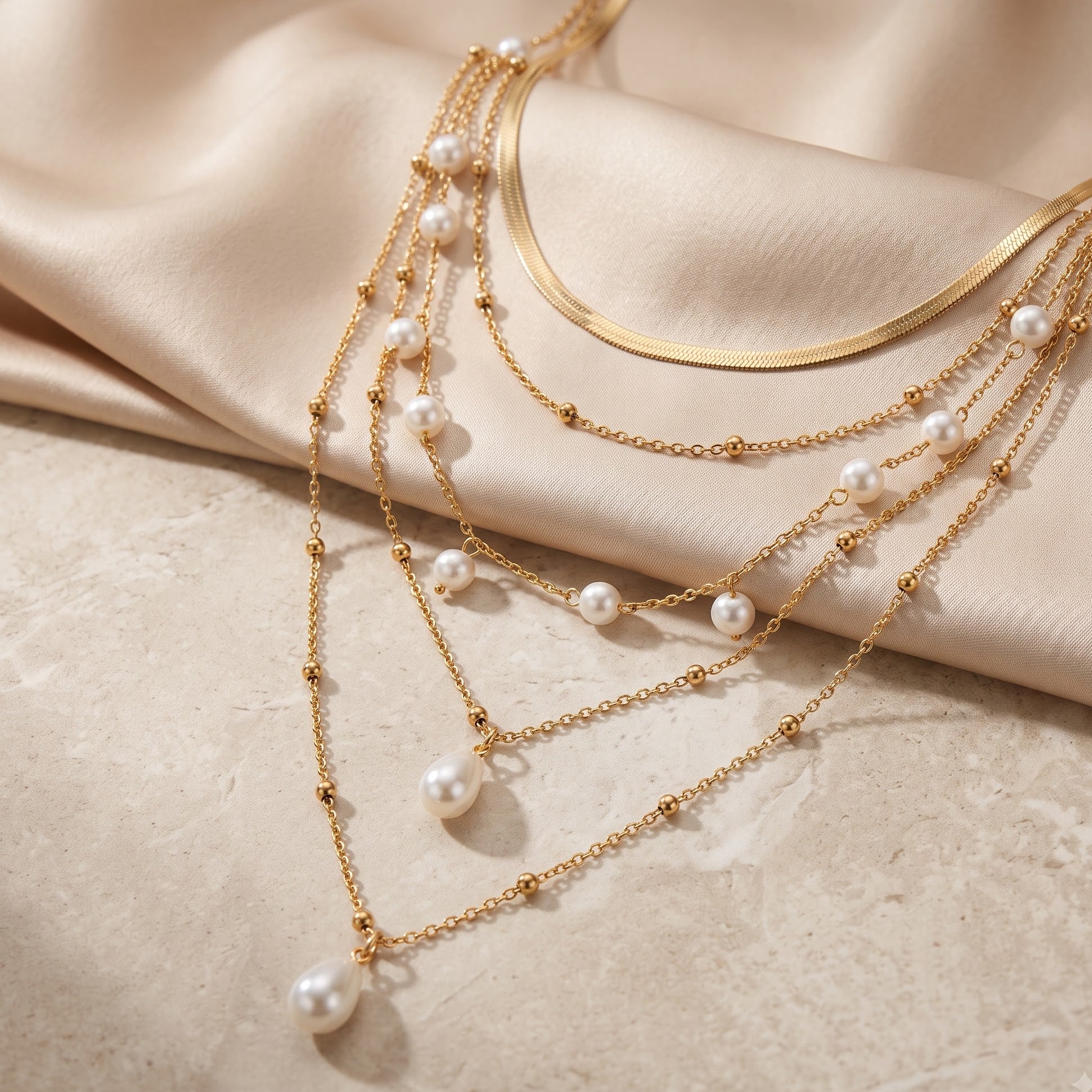 Marisol Pearl Station Layered Necklace, Gold finish
