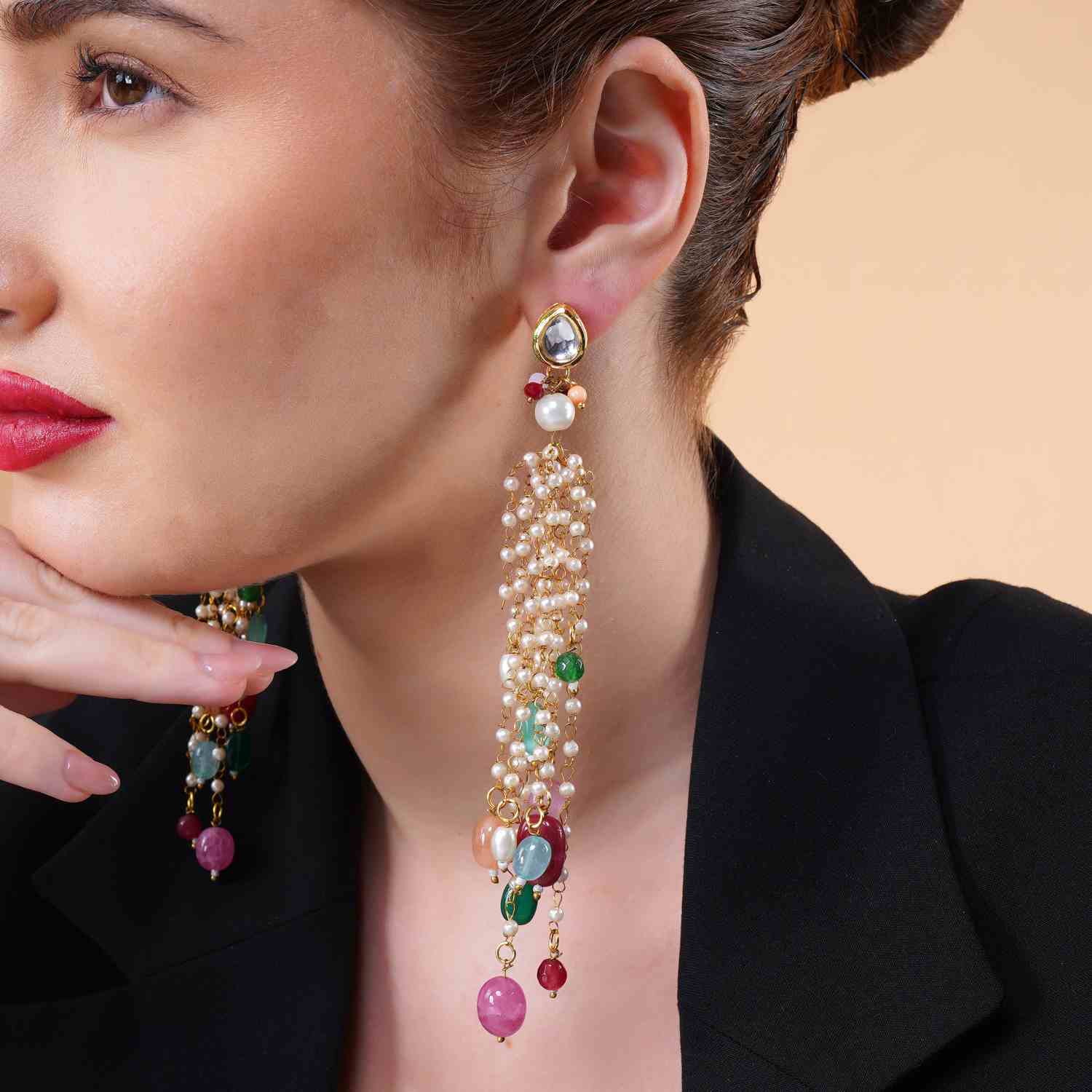 Nafisa Multicolor Beaded Pearl Long Earrings