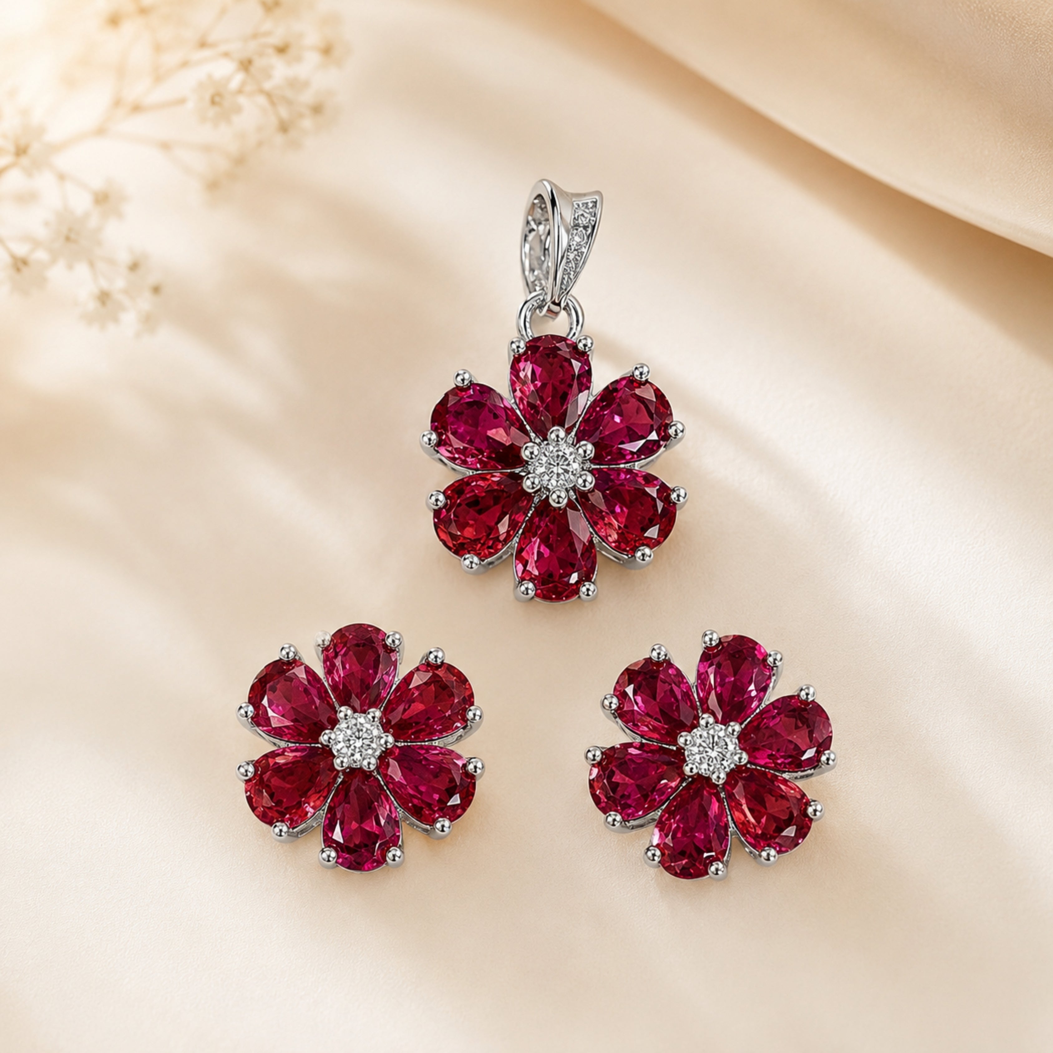 Ruby Red Flower Jewelry Set – Crystal Pendant Earrings