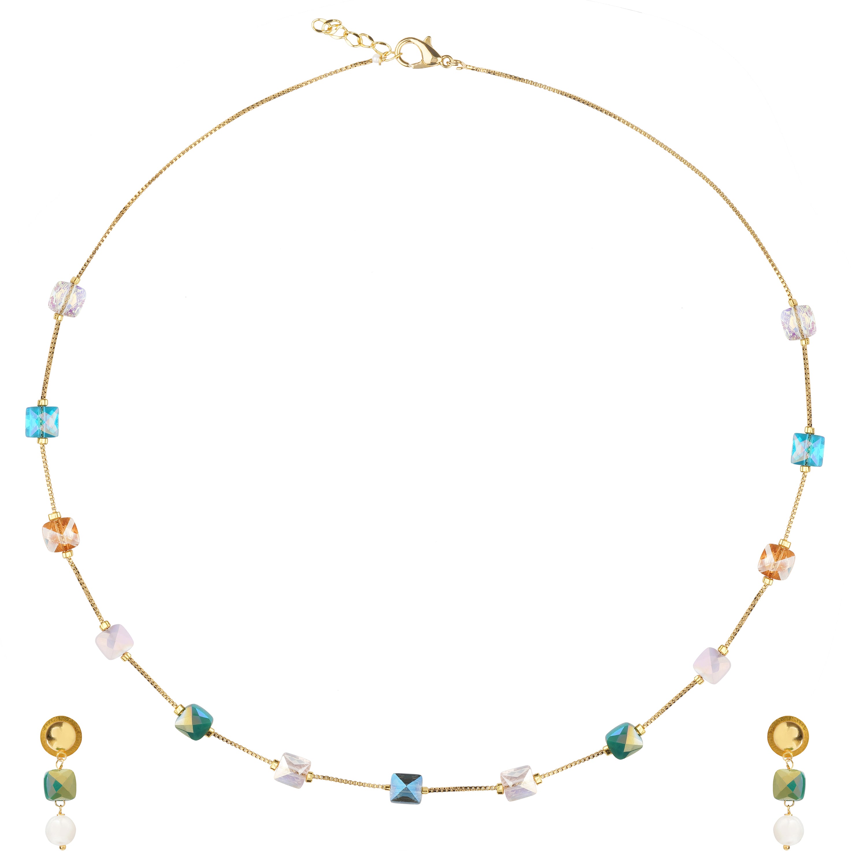 Multicolor Crystal Cube Necklace Set with Earrings