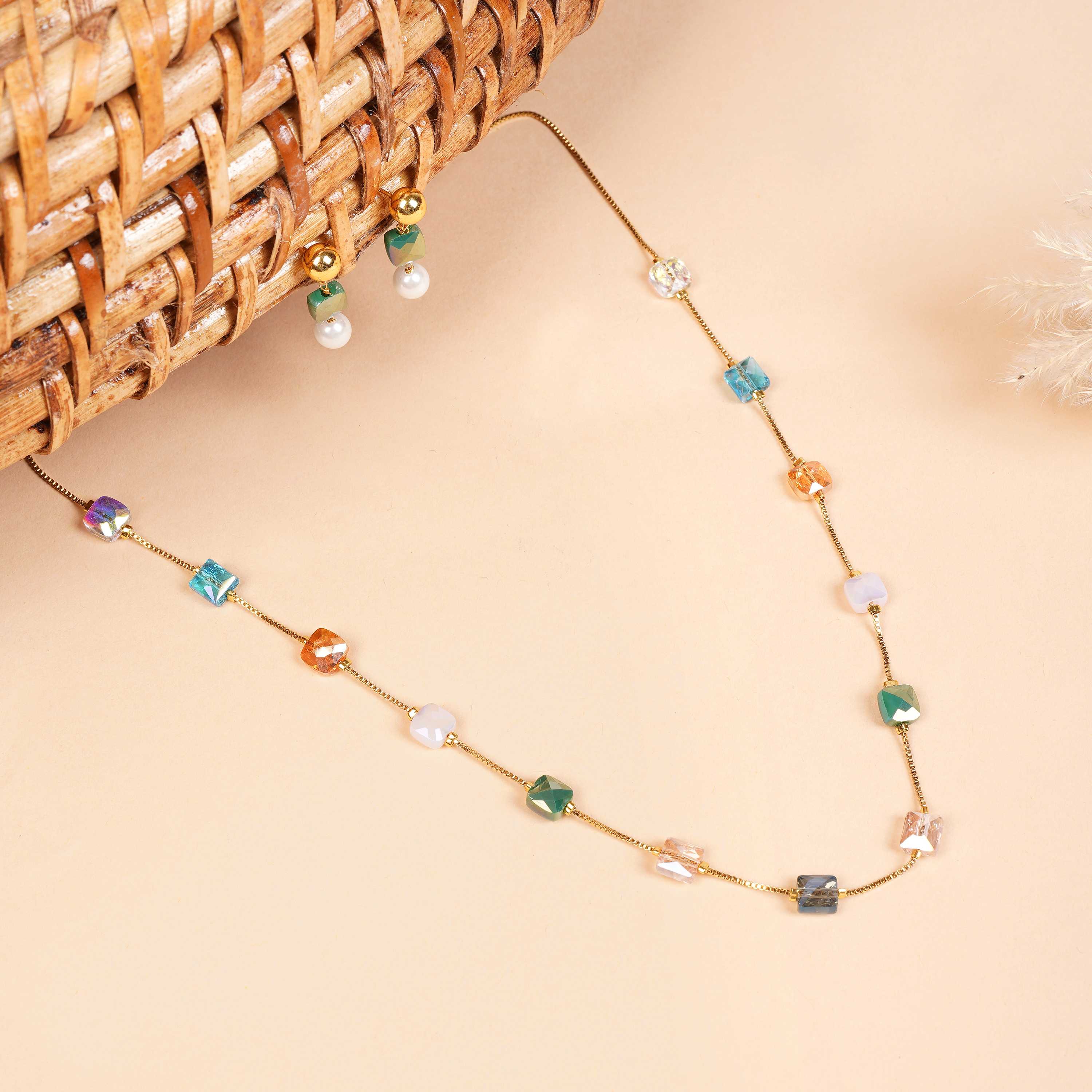 Multicolor Crystal Cube Necklace Set with Earrings