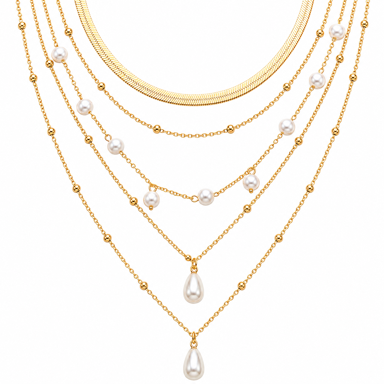 Marisol Pearl Station Layered Necklace, Gold finish