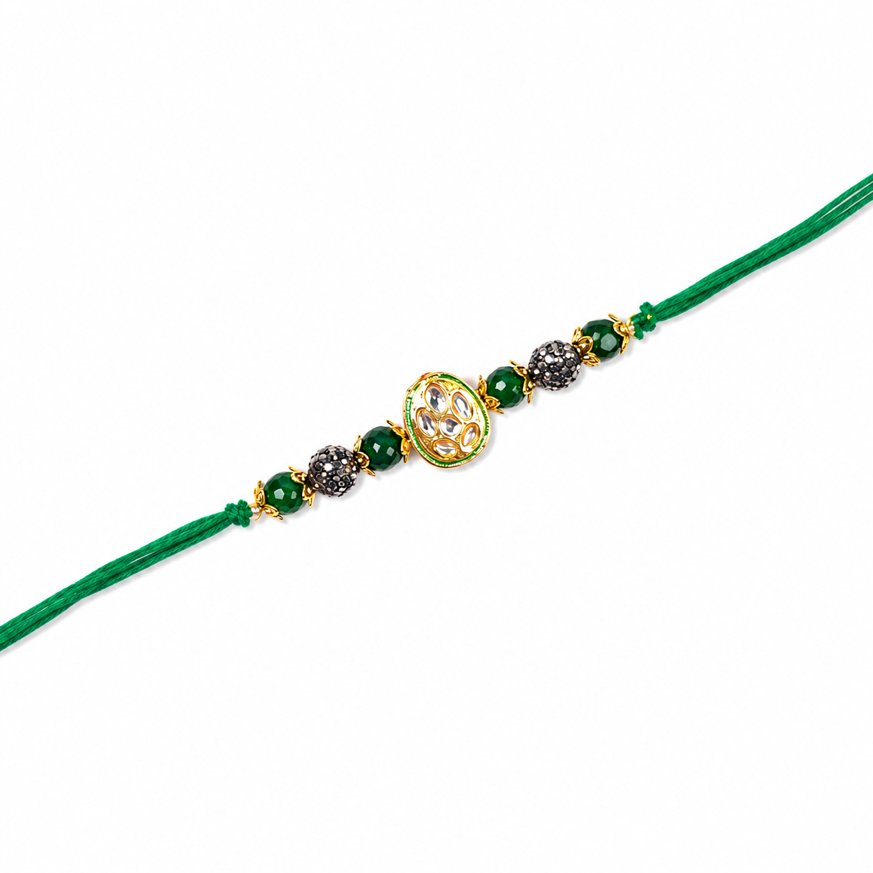 Green Kundan Medallion Rakhi with Beaded Accents