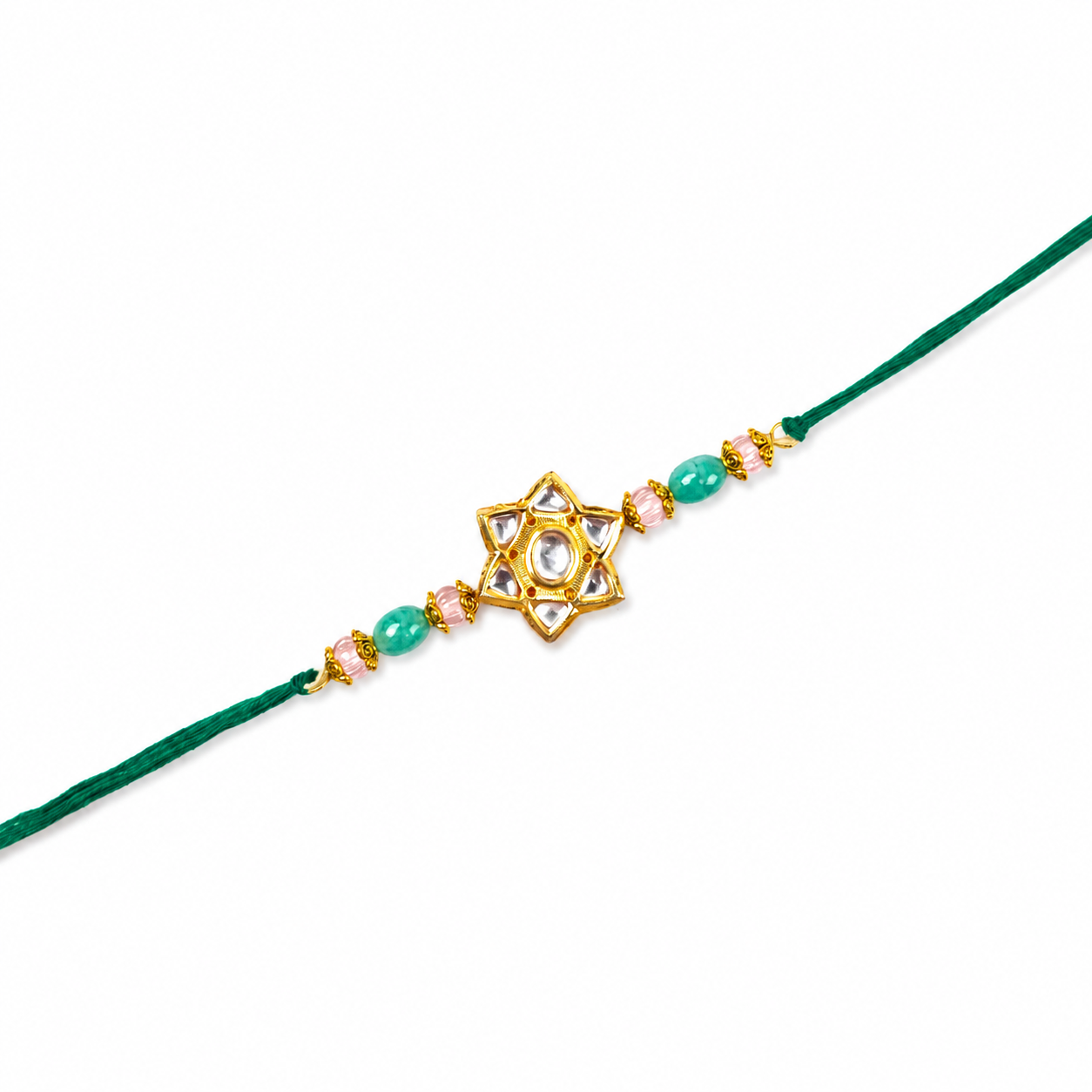 Star Kundan Rakhi with Green & Pink Beaded Accents