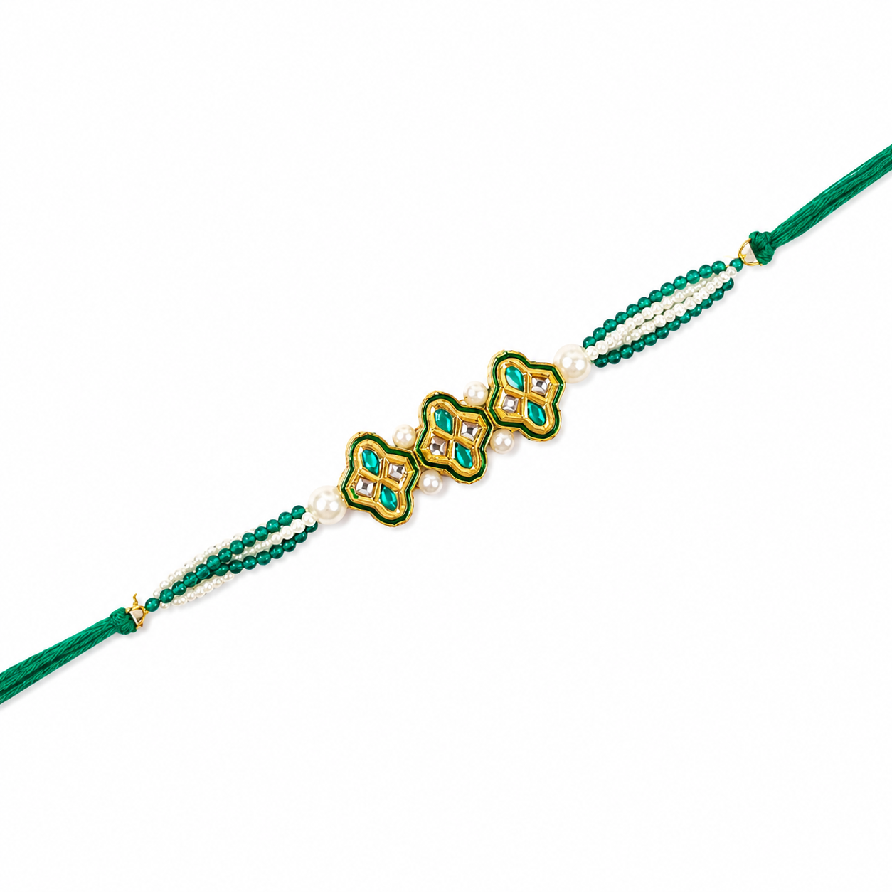 Triple Clover Kundan Rakhi with Pearl & Emerald Strands