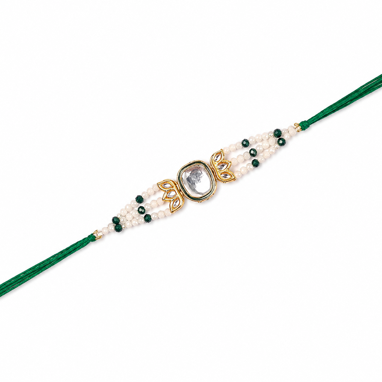 Kundan Leaf Rakhi with Pearl & Emerald Strands