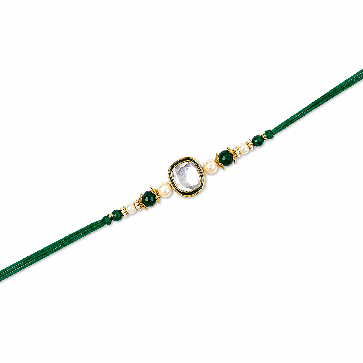 Kundan & Pearl Rakhi with Emerald Bead Accents