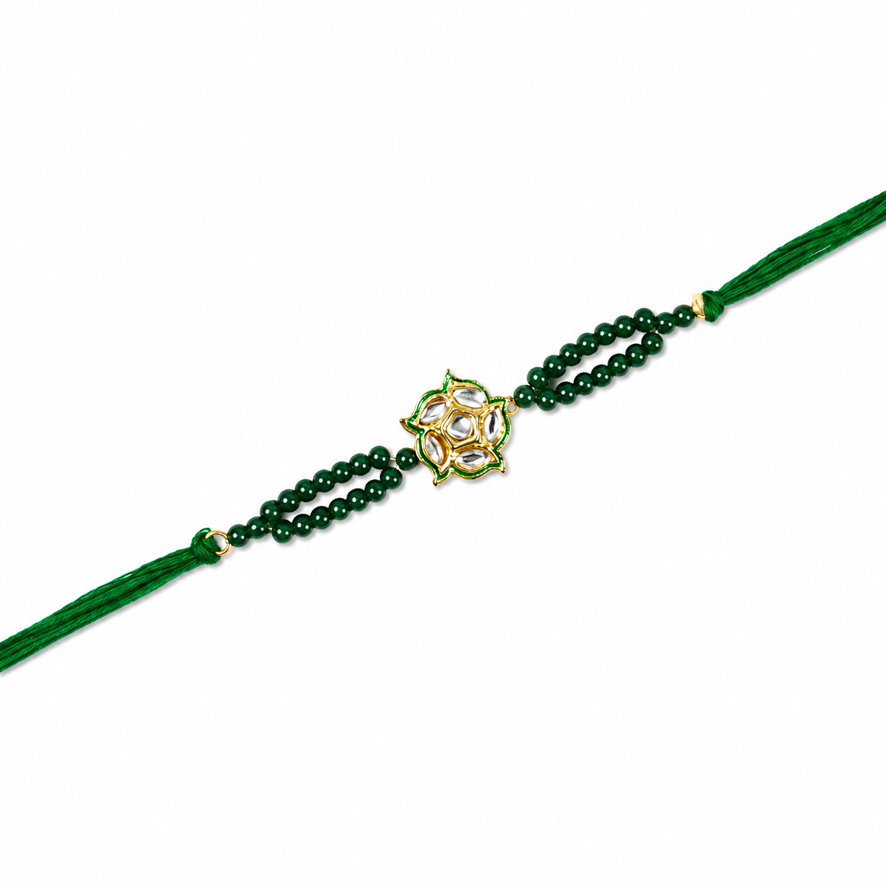 Lotus Kundan Rakhi with Green Beaded Strands