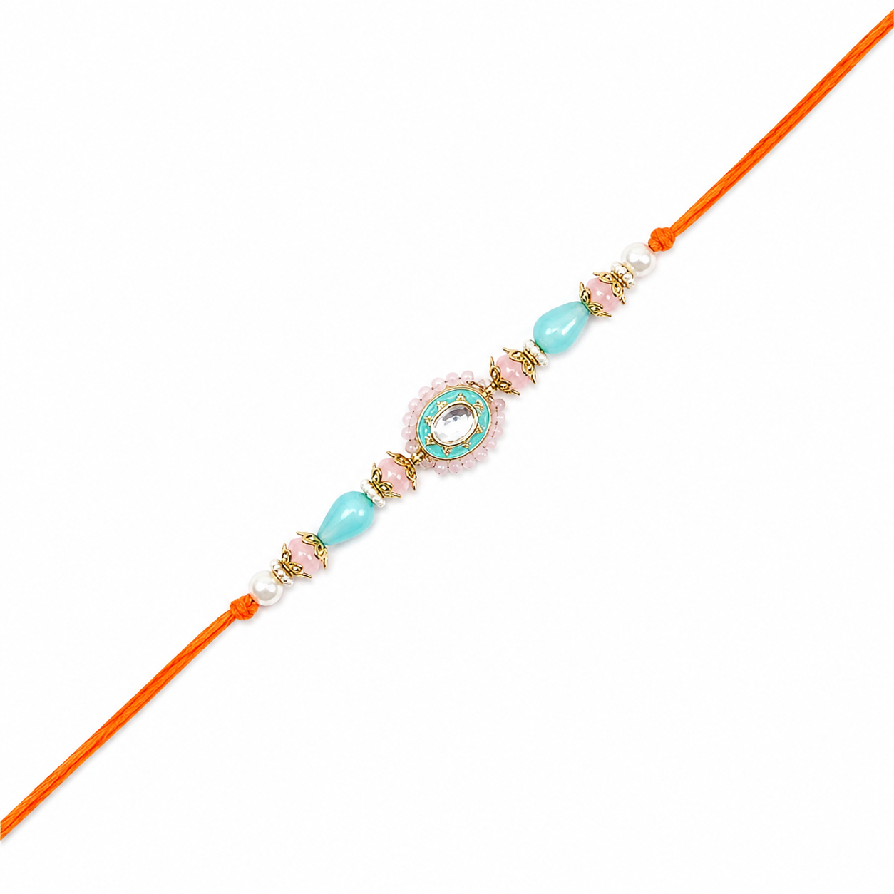 Turquoise & Pink Kundan Rakhi with Teardrop Beads