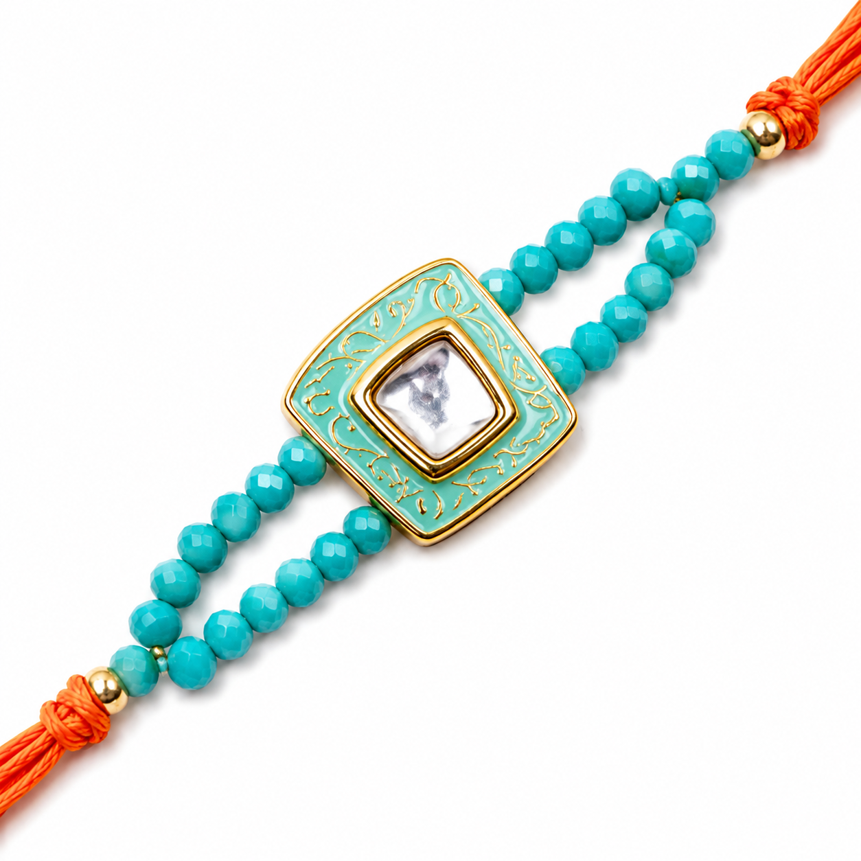 Turquoise Enamel Rakhi with Mother-of-Pearl Centre