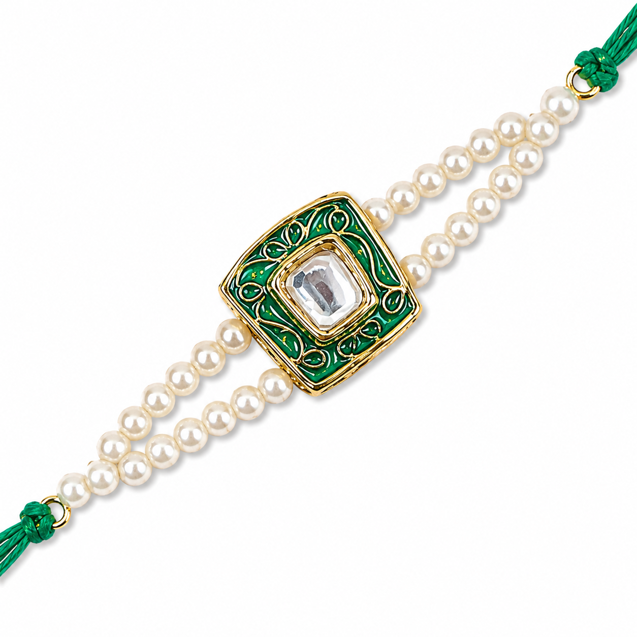 Green Enamel Kundan Rakhi with Double Pearl Strands