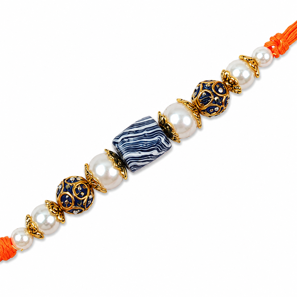 Navy Marbled Bead & Pearl Rakhi with Filigree Accents