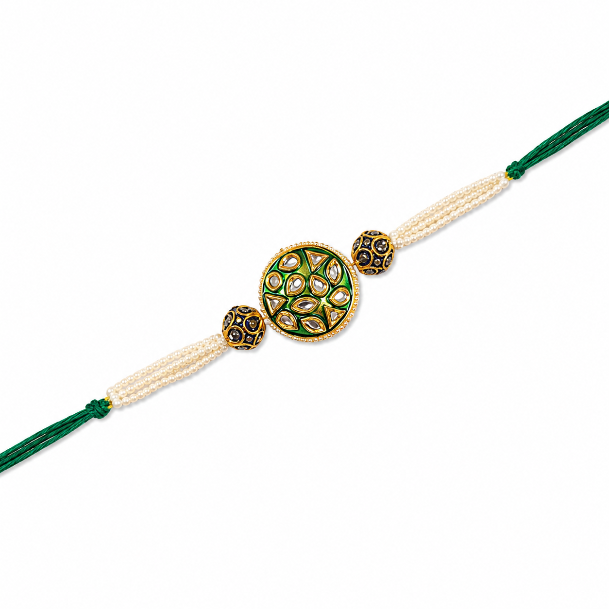 Green Kundan Medallion Rakhi with Pearl Tassels