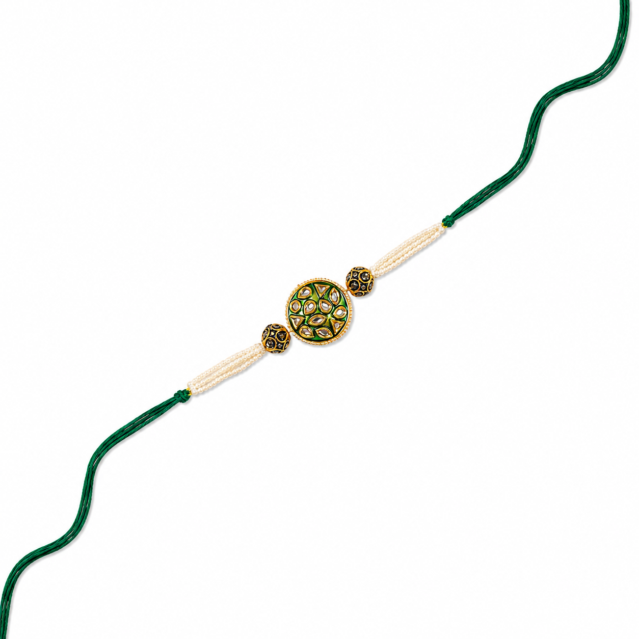 Green Kundan Medallion Rakhi with Pearl Tassels