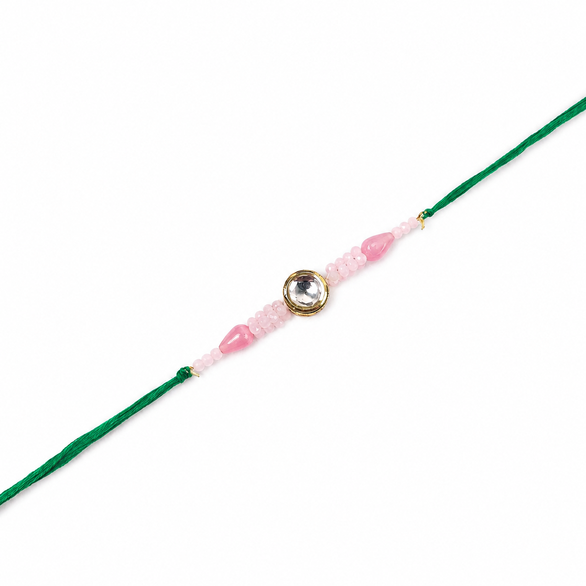 Pink Kundan Rakhi with Teardrop Bead Accents