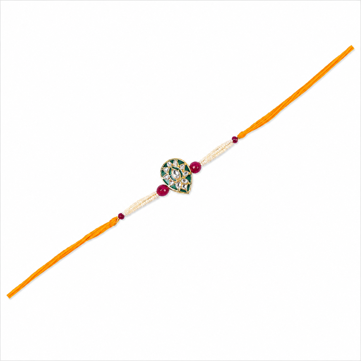 Teardrop Kundan Rakhi with Pearl & Ruby Strands