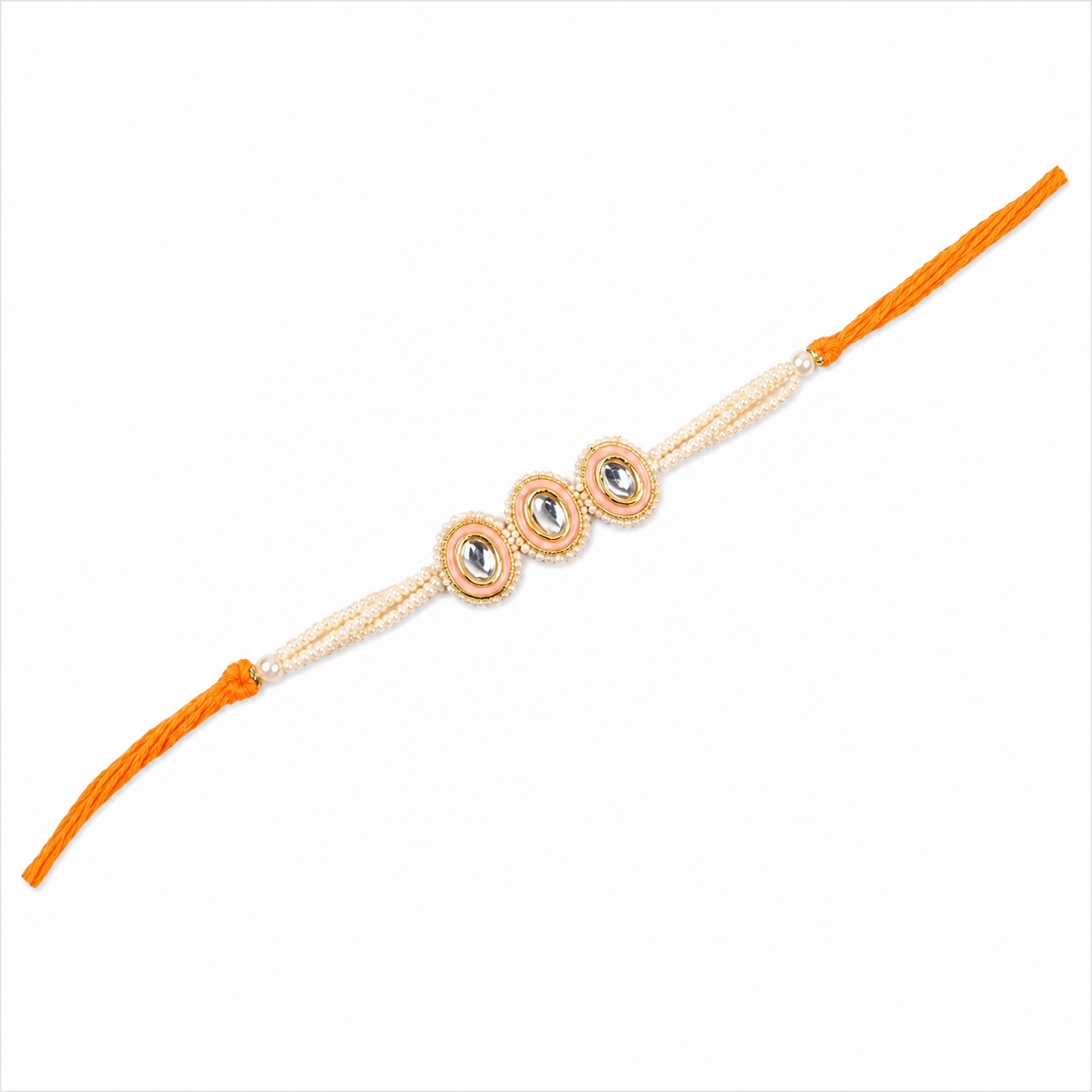 Triple Oval Kundan Rakhi with Pearl Strands