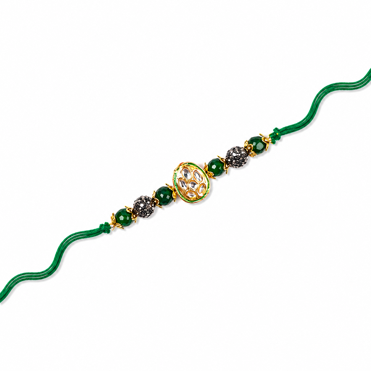 Green Kundan Medallion Rakhi with Beaded Accents