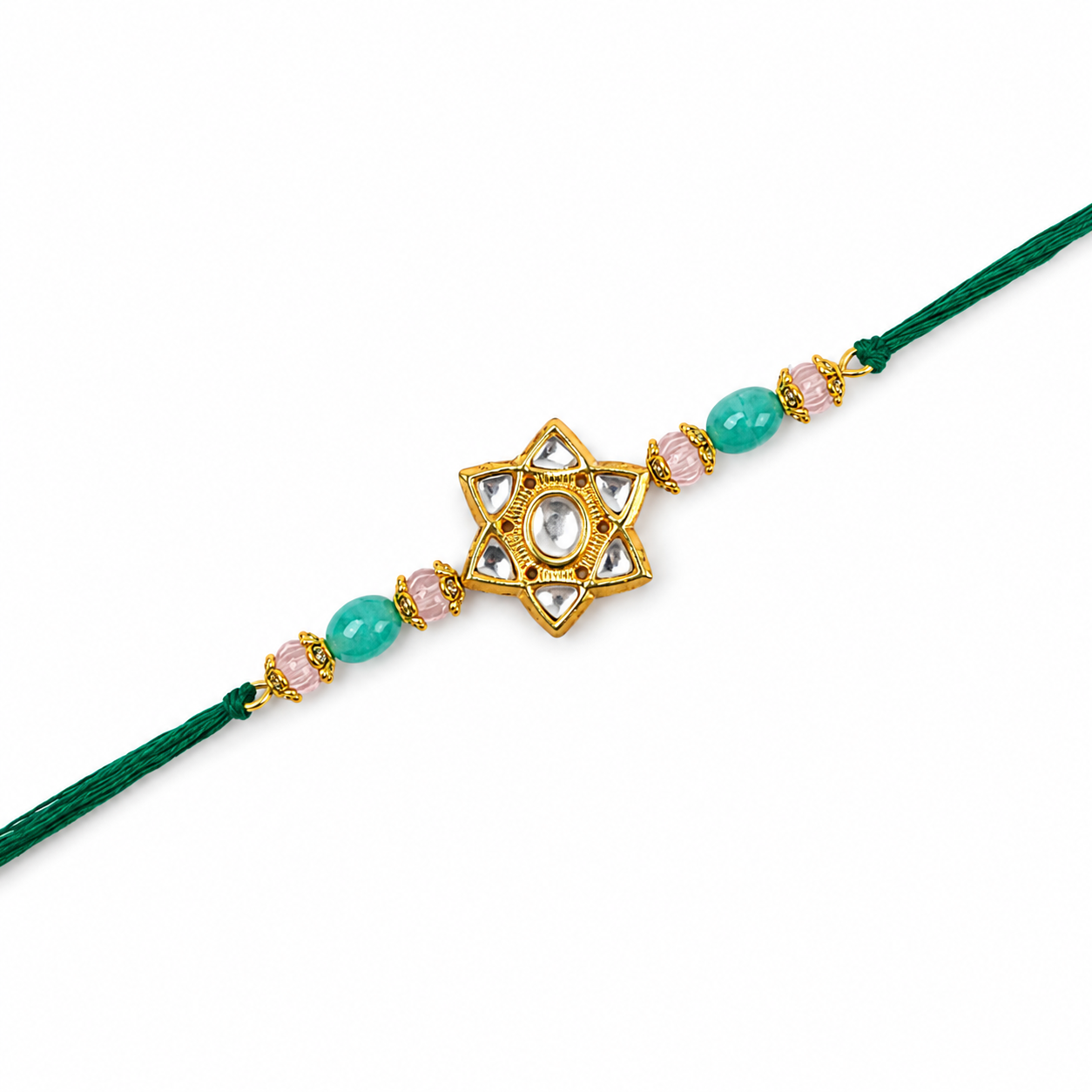 Star Kundan Rakhi with Green & Pink Beaded Accents