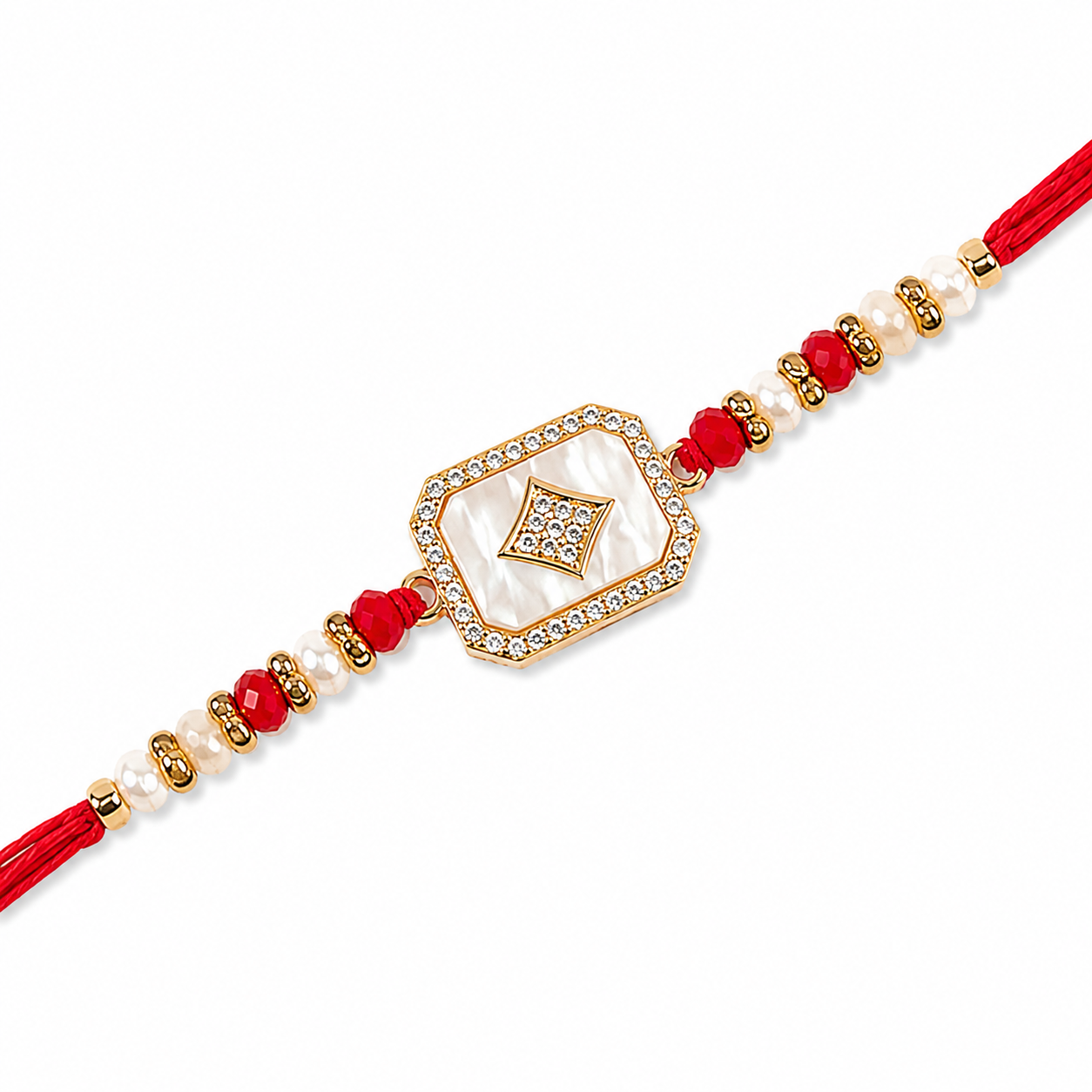Mother-of-Pearl Rakhi with Red Beaded Accents