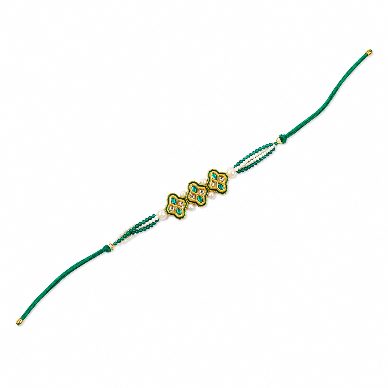 Triple Clover Kundan Rakhi with Pearl & Emerald Strands