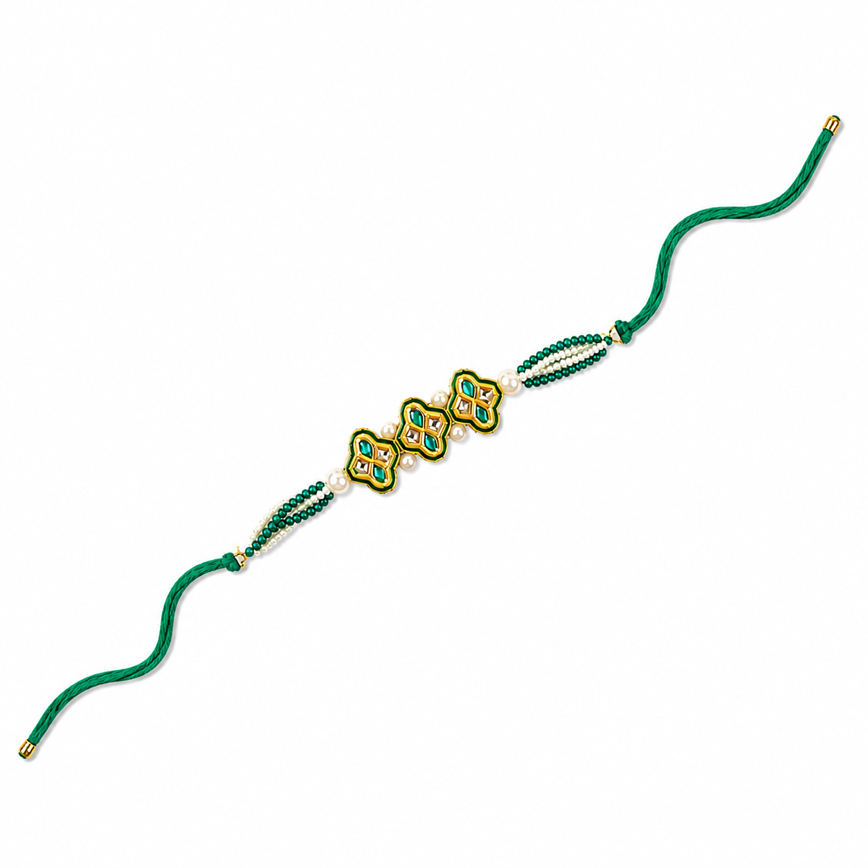 Triple Clover Kundan Rakhi with Pearl & Emerald Strands