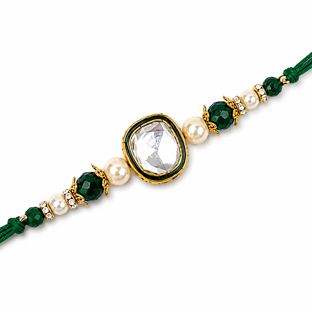Kundan & Pearl Rakhi with Emerald Bead Accents