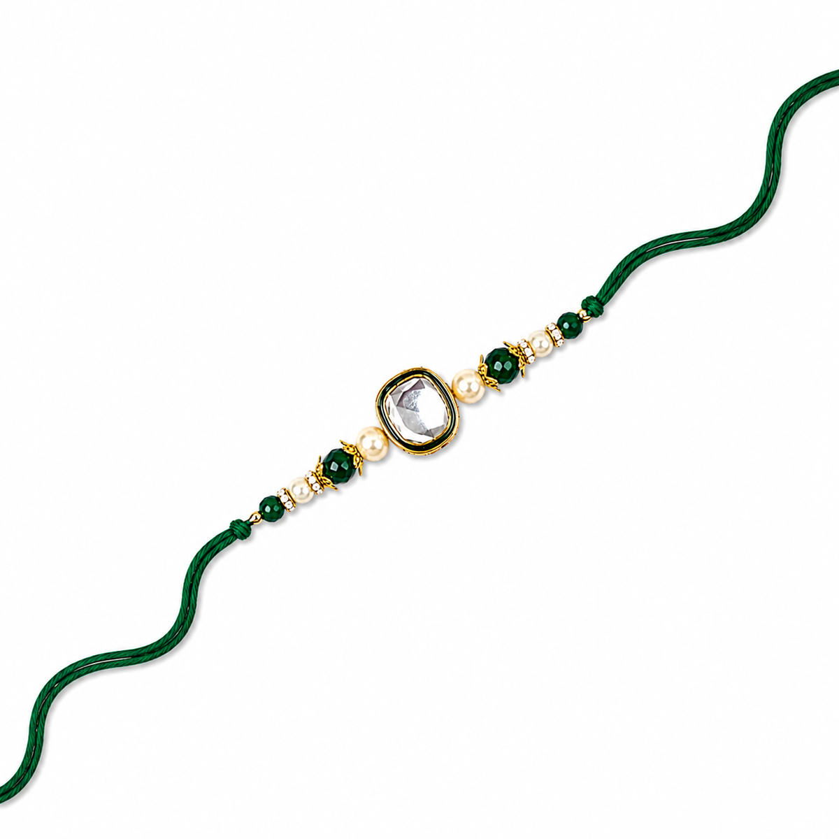 Kundan & Pearl Rakhi with Emerald Bead Accents