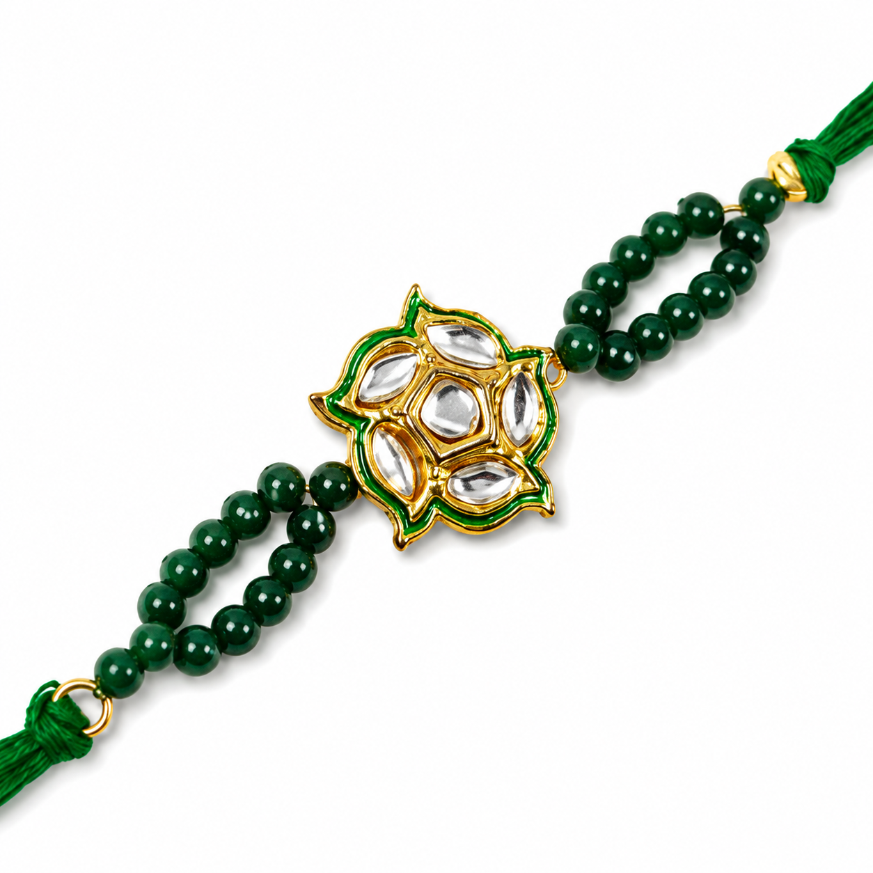 Lotus Kundan Rakhi with Green Beaded Strands
