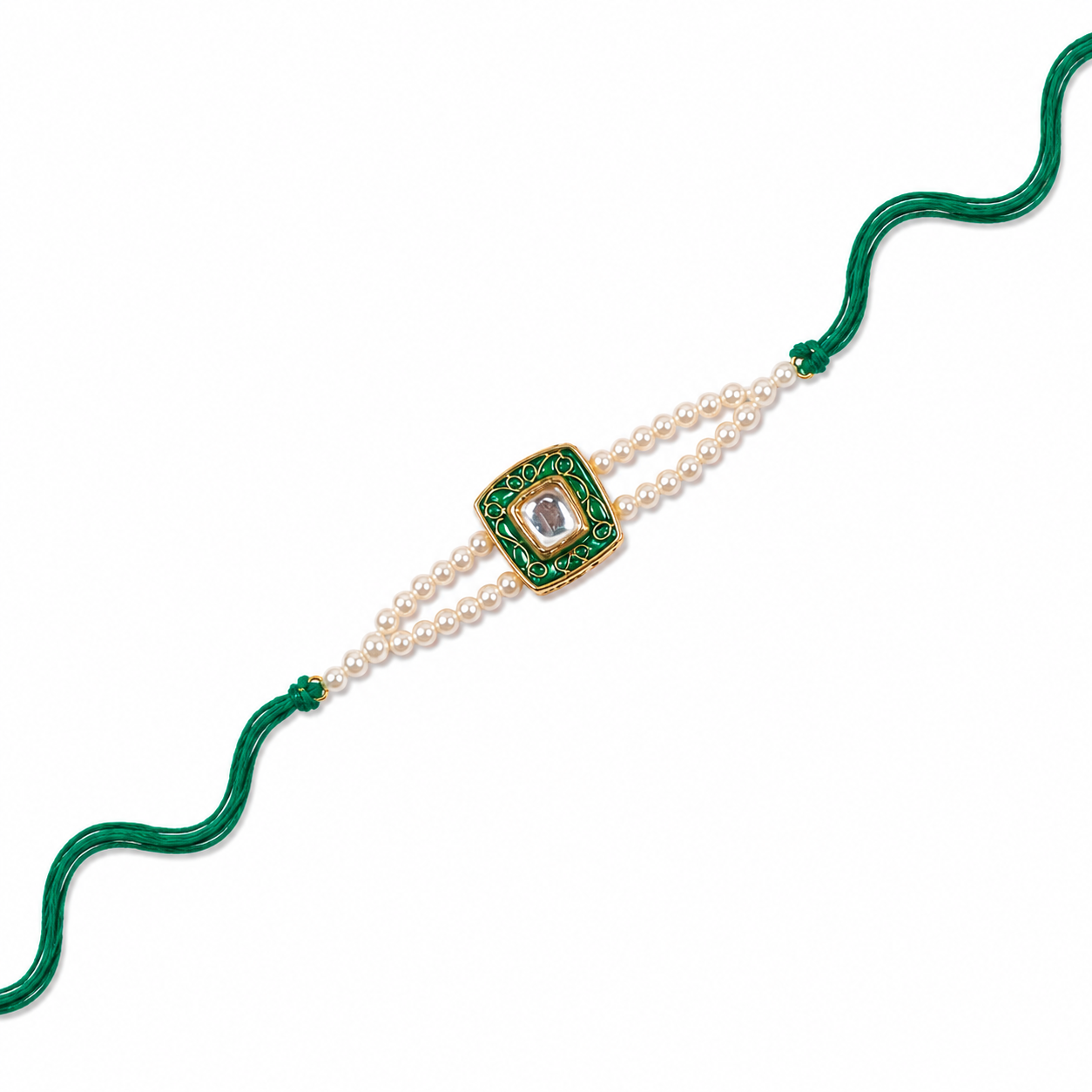 Green Enamel Kundan Rakhi with Double Pearl Strands