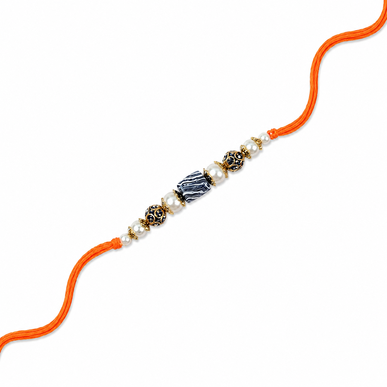 Navy Marbled Bead & Pearl Rakhi with Filigree Accents