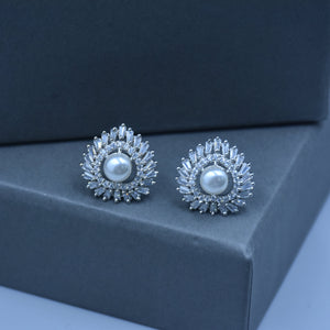Esha CZ Diamond Cut Pearl Stud Earrings